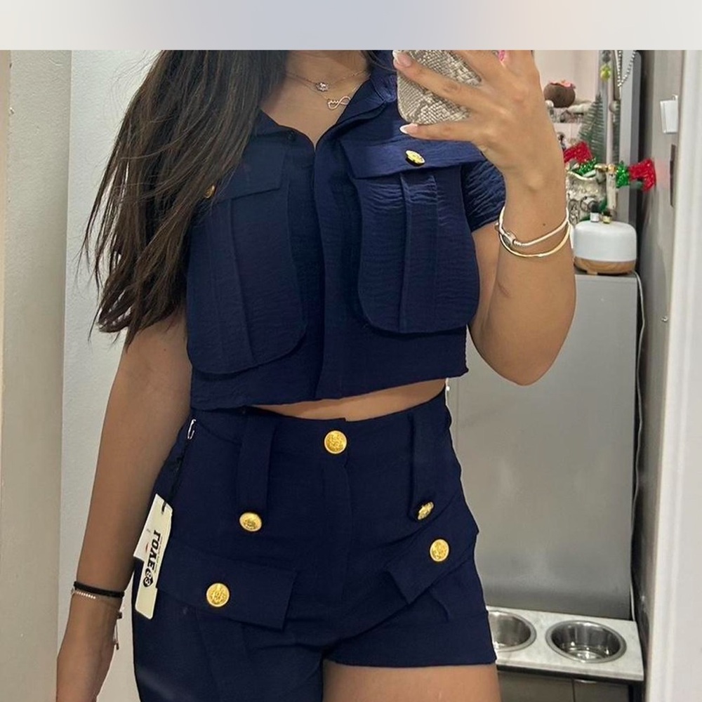 Unlisted Navy Blue Cropped Top with Gold Buttons